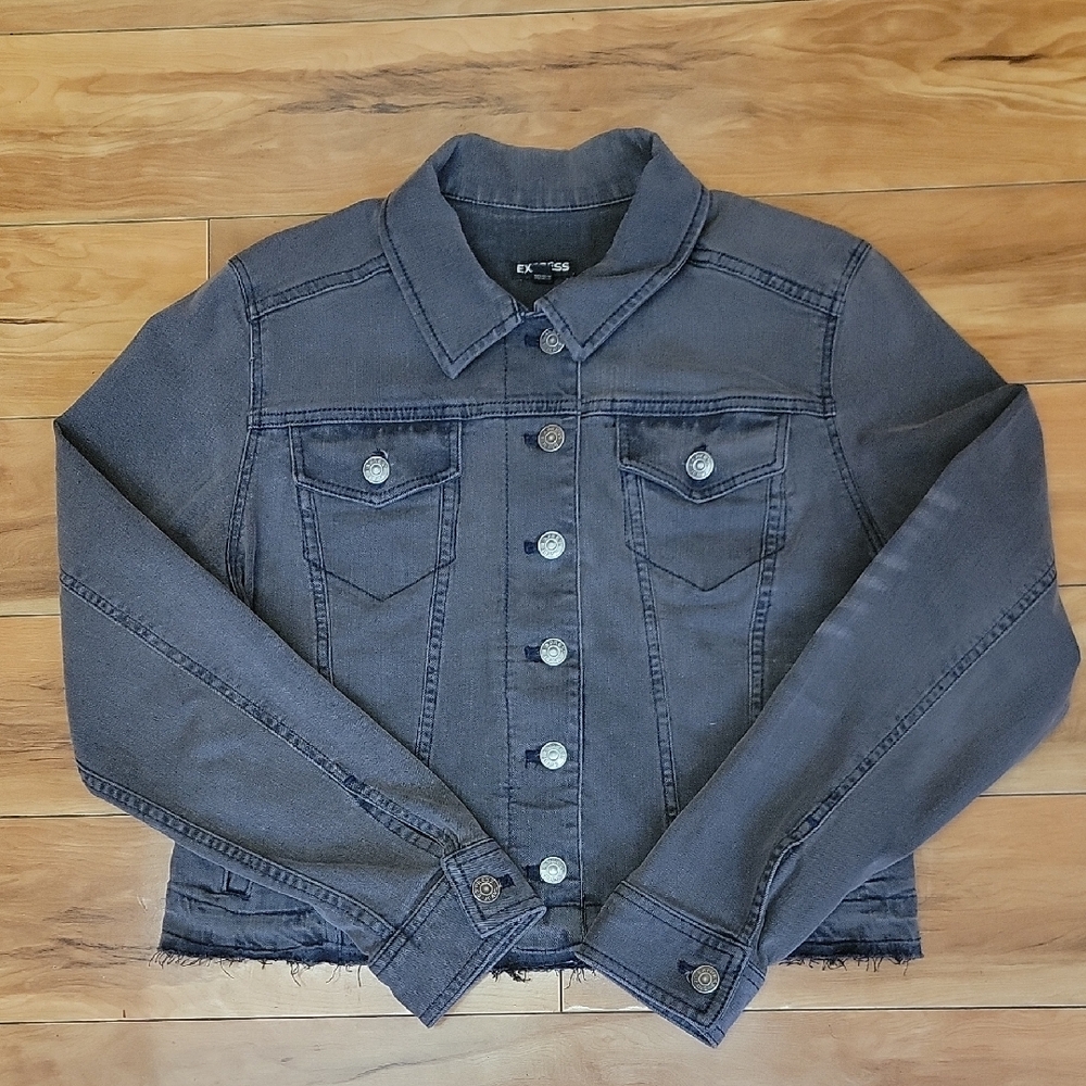 Express Crop Distressed Denim Jacket Womens Grey Size MED